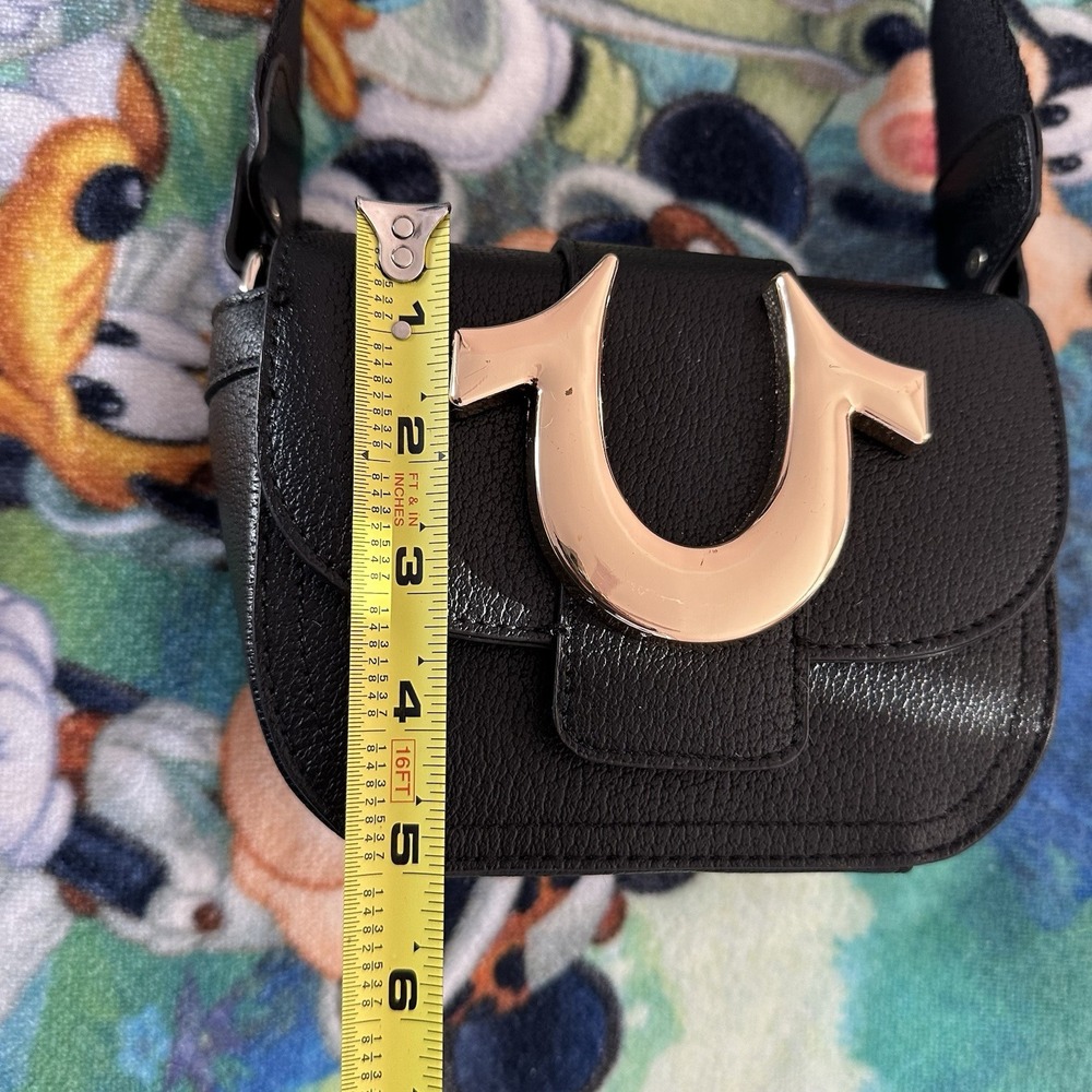 TRUE RELIGION Mini Flap Logo Crossbody Bag Black Gold Horseshoe Adjustable Strap - Picture 11 of 16